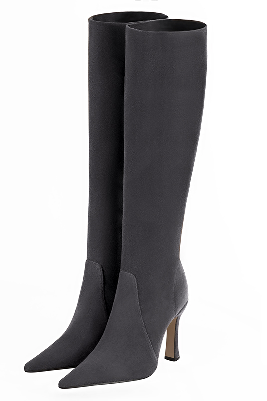 Dark grey women's feminine knee-high boots. Pointed toe. Very high spool heels. Made to measure. Front view - Florence KOOIJMAN